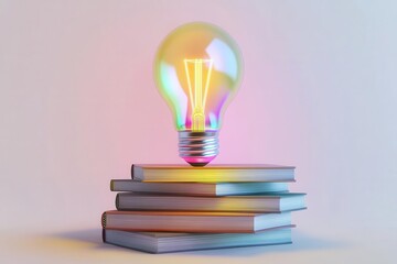 a glowing light bulb materializes from stacked vintage books pages shimmering with prismatic colors floating against pure white background photorealistic 3d render