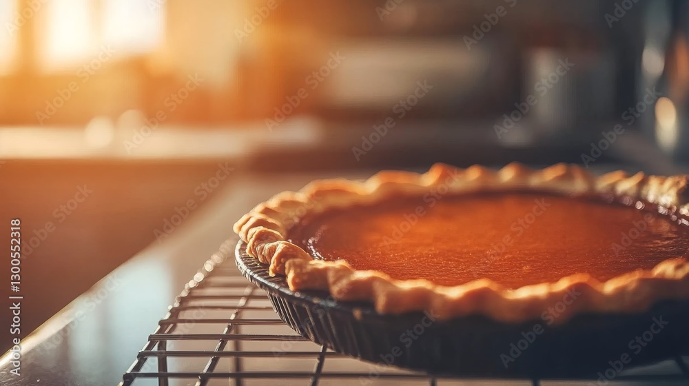Poster a close-up view of a golden-brown pumpkin pie resting on a wire rack in a warm kitchen, bathed in so