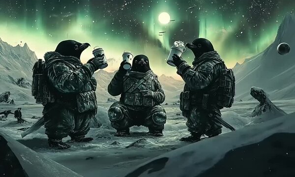 Three penguins in space suits enjoying drinks on a frozen alien landscape under an aurora