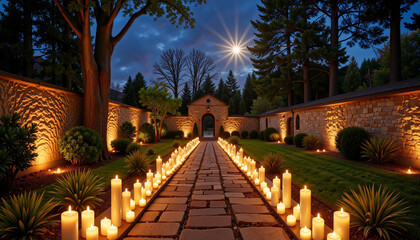Obraz premium Candlelit Stone Pathway in Garden at Dusk, Tranquil Illumination, Easter