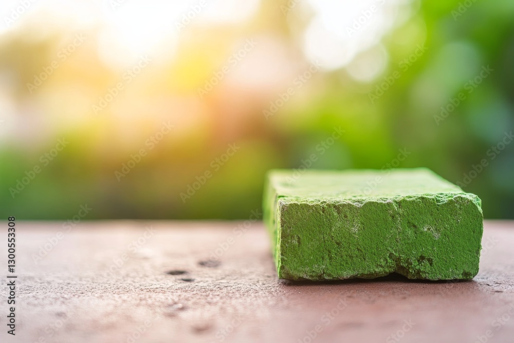 Poster a rough stone covered in bright green moss sits in a forest, illuminated by sunlight that accentuate