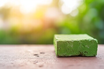 A rough stone covered in bright green moss sits in a forest, illuminated by sunlight that accentuates the textures, with clear space for text on the side