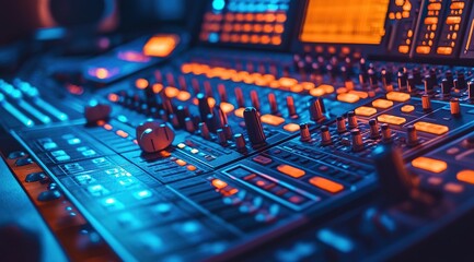 Close Up of Illuminated Audio Mixing Board
