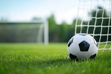 Soccer Ball Resting Beside the Net on a Lush Green Field A Sports Photography Classic