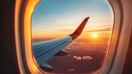 A stunning sunset view from an airplane window, showcasing clouds and the airplane wing against a vibrant sky.