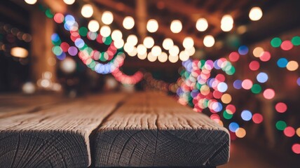Rustic Wooden Table with Colorful Bokeh Lights Background - Perfect for Product Display, Festive Settings, or Holiday Celebrations