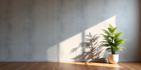 minimalist mockup of a white wall adorned with a vibrant green plant on a polished wood floor,split-color background wall creating a lively and cheerful atmosphere of modern interior design.