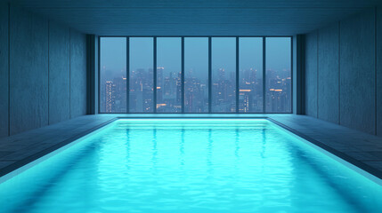 A serene indoor pool with vibrant turquoise water, framed by large windows revealing a city skyline at dusk.