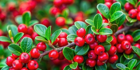 Obraz premium Bearberry Cotoneaster Berries, bright red berries, green foliage, bright red berries