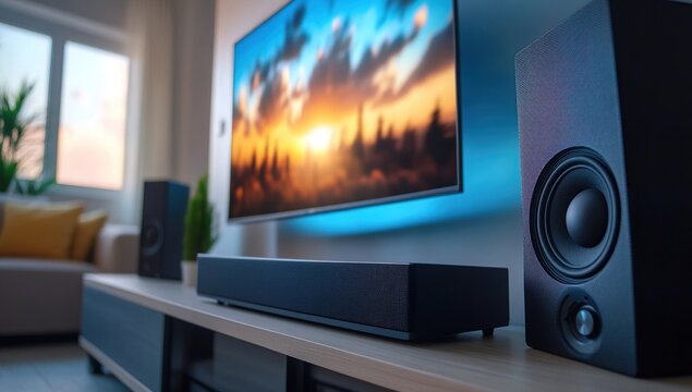Modern Home Theater Setup with Sunset Landscape on TV Screen