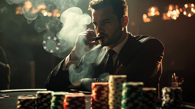 Man in a suit smoking a cigar at a poker table with stacks of colorful chips and smoky ambiance