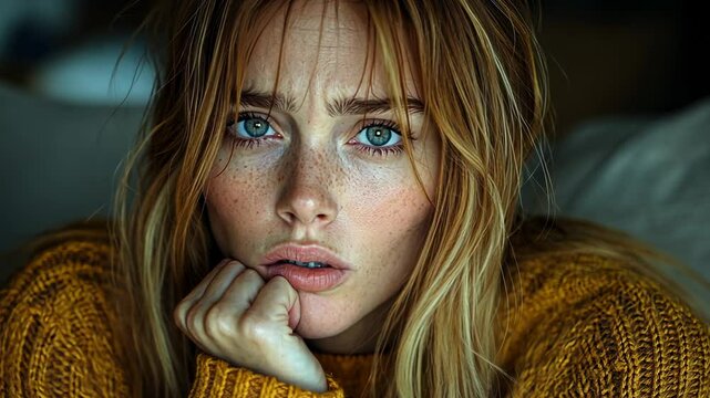 Pensieve Portrait of a Young Woman with Freckles and Blue Eyes