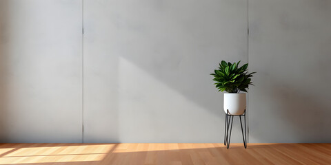 minimalist mockup of a white wall adorned with a vibrant green plant on a polished wood floor,split-color background wall creating a lively and cheerful atmosphere of modern interior design.