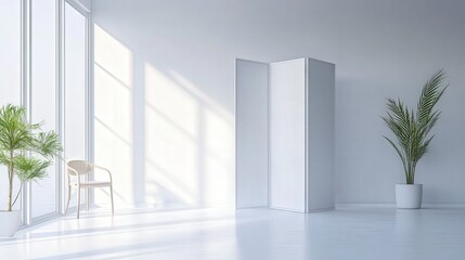 minimalist kitchen featuring white counters and a folding screen near a white wall