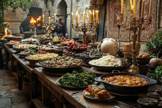 a grand medieval banquet hall with long wooden tables adorned with golden candelabras overflowing with renaissanceera feast dishes rich tapestries on stone walls warm ambient lighting - Powered by Adobe
