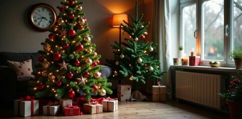 Evergreen Christmas tree in a cozy room with colorful ornaments and twinkling lights , , festive atmosphere