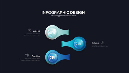Obraz premium Business 3 option infographic presentation vector 3D colorful balls illustration. Company statistics information graphic visualization template Corporate marketing analytics data report design layout.