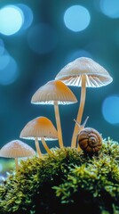 Fototapeta premium Mushrooms grow in vibrant forest setting with snail on moss under soft blue light in early morning