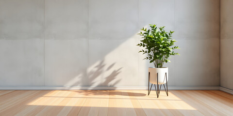 minimalist mockup of a white wall adorned with a vibrant green plant on a polished wood floor,split-color background wall creating a lively and cheerful atmosphere of modern interior design.