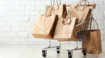 A shopping cart filled with brown paper bags.