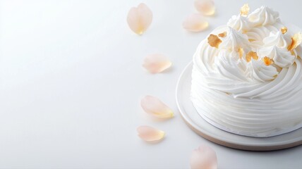 Elegant white cake topped with cream swirls and petals on a clean background, showcasing delicate decoration.