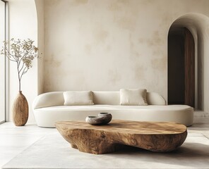 Modern interior design featuring a minimalist living room with a unique wooden coffee table and natural light flooding in