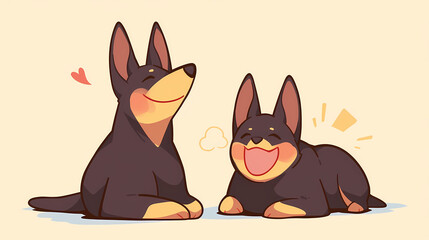 Two playful cartoon dogs happily interacting on a soft pastel background, exuding joy and warmth