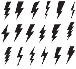 Lightning bolt icons set isolated on white background. Black flash symbol, thunderbolt vector illustration. Simple lightning strike sign.