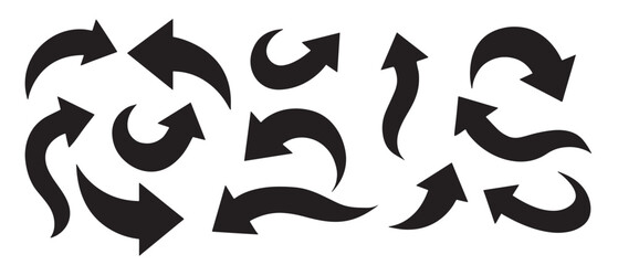 Collection of black arrow signs and direction pointers in different styles. Set of many different arrow icon. Vector illustration isolated on white background.