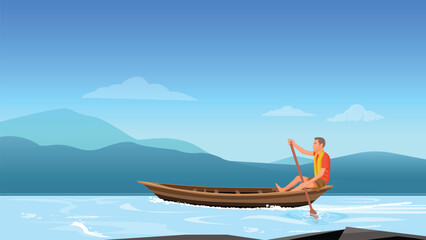 Village man rowing a wooden boat, traditional fishing boat, rural river scene © neelstock