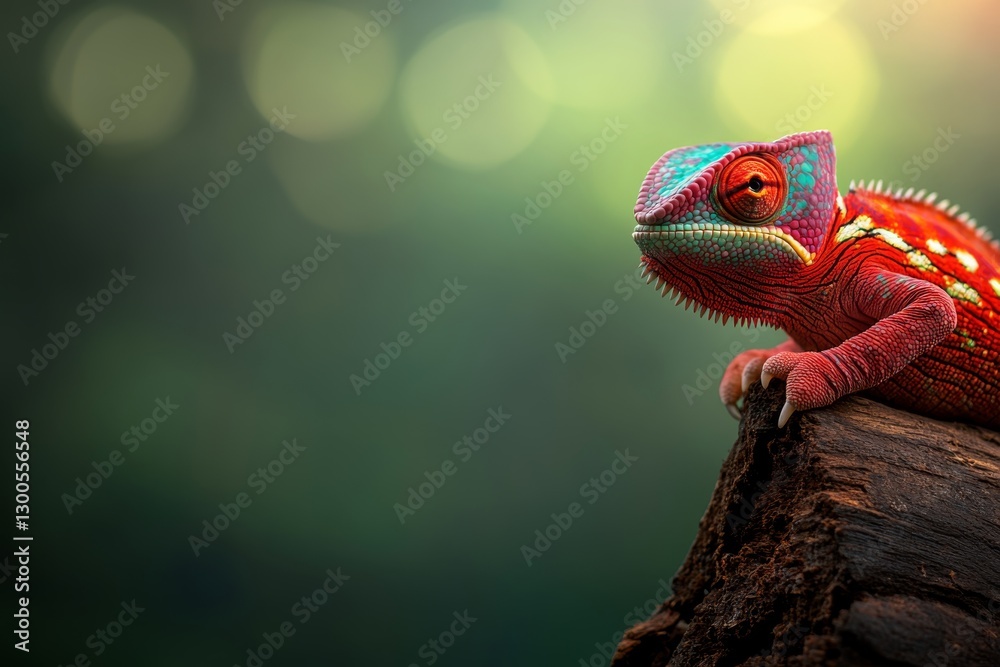 Aufkleber Close-up view of a colorful chameleon resting on a surface, its intricate patterns and hues contrast against a lush green background, ideal for bold artwork