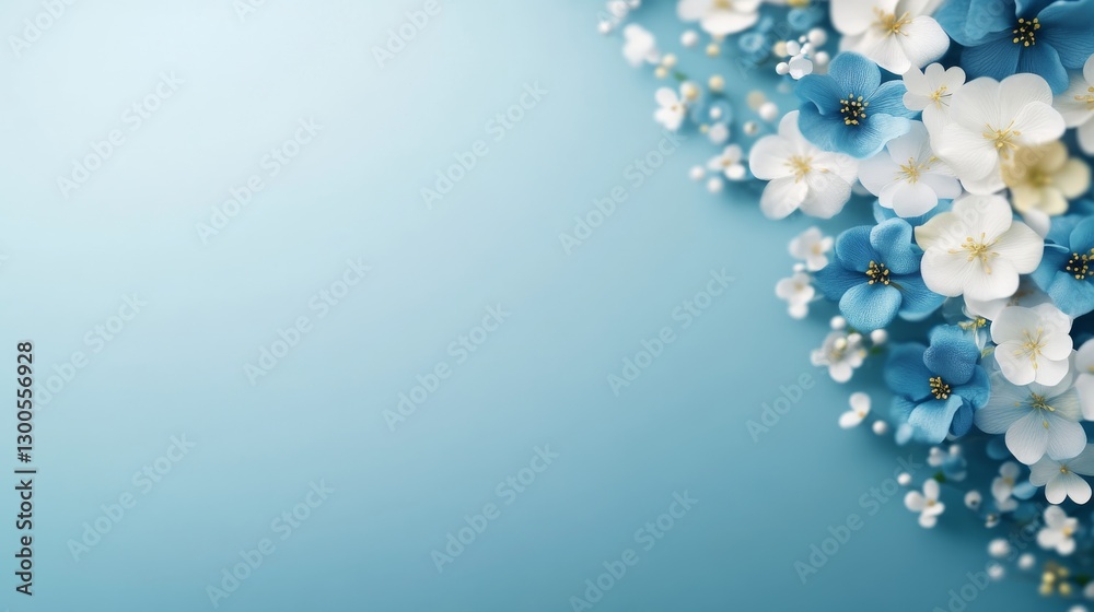 Poster delicate blue and gold flowers gently arranged against a serene backdrop, illuminated by soft lighti