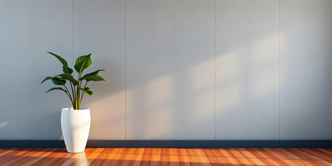 minimalist mockup of a white wall adorned with a vibrant green plant on a polished wood floor,split-color background wall creating a lively and cheerful atmosphere of modern interior design.