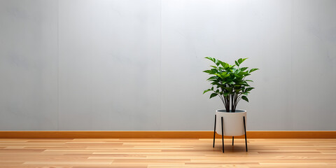 minimalist mockup of a white wall adorned with a vibrant green plant on a polished wood floor,split-color background wall creating a lively and cheerful atmosphere of modern interior design.