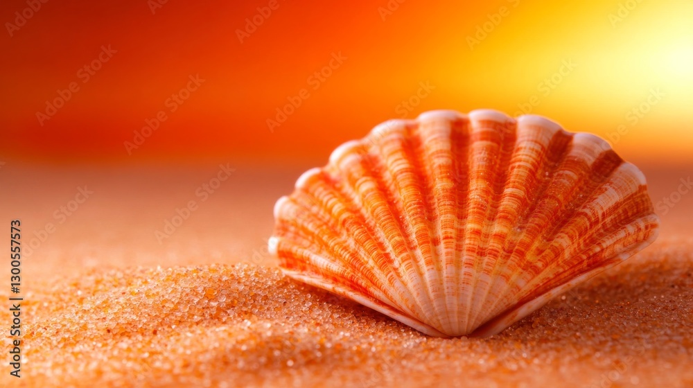 Poster A single seashell rests on soft sand, glowing under the warm light of a setting sun on a beach, creating a serene and tranquil atmosphere perfect for relaxation
