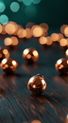 Naklejka premium A set of tiny metallic copper bells arranged in a circular pattern on a dark wooden table, with a blurred teal background.