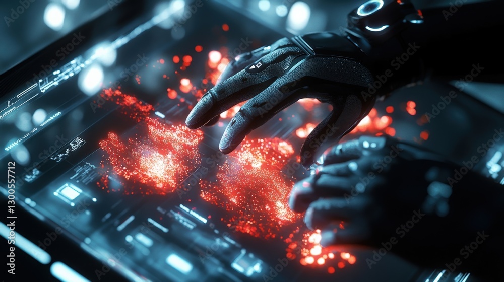 Poster gloved hands interact with a futuristic touchscreen interface, manipulating glowing red data points,