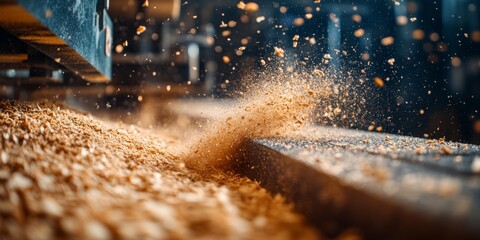 Industrial wood processing machine creating sawdust and woodchips