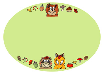 熊とタヌキとキツネと秋の植物 コピースペース(緑)