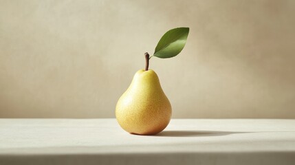 Fresh Yellow Pear with Green Leaf on Minimalist Surface Background