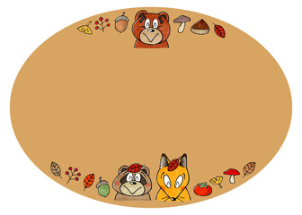 熊とタヌキとキツネと秋の植物 コピースペース(茶)