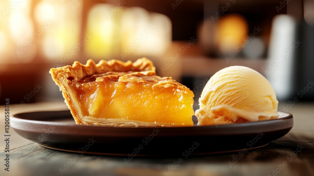 Aufkleber close-up of a slice of apple pie accompanied by a scoop of vanilla ice cream on a warm-toned plate, 