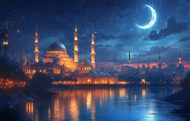 Fototapeta premium Illuminated Mosque with Crescent Moon Reflected in a Calm River