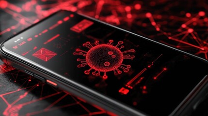 Obraz premium phone screen showing red alerts about SMS phishing, system hacking, and a virus spreading due to malware infection