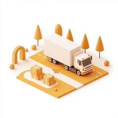 Isometric delivery truck transporting boxes on a road surrounded by stylized trees and architectural shapes in a minimalist aesthetic