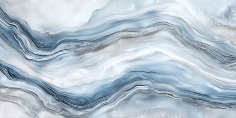 Abstract marble texture with blue and white swirls, silver veins, and smooth layers. Modern stone pattern with organic curves and soft contrasts in natural design.