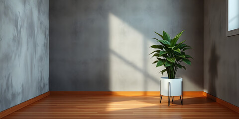 minimalist mockup of a white wall adorned with a vibrant green plant on a polished wood floor,split-color background wall creating a lively and cheerful atmosphere of modern interior design.