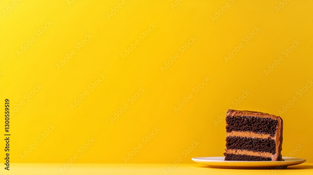 Poster close-up of a delicious chocolate walnut cake slice with creamy frosting on a plate, set against a b