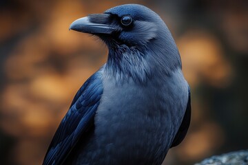 Dark feathered bird perched against a blurred autumn background showcasing subtle shades of blue and gray