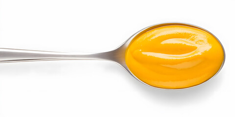 A spoonful of bright yellow sauce sits on a silver spoon. The image is a close-up studio shot, highlighting the creamy texture and vibrant color of the condiment.